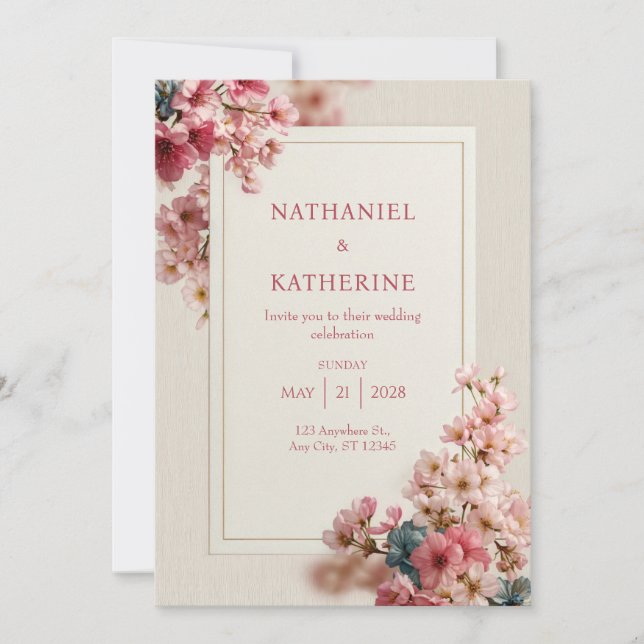 Wood Grain Romantic Pink Sakura Frame Wedding Invitation (Front)
