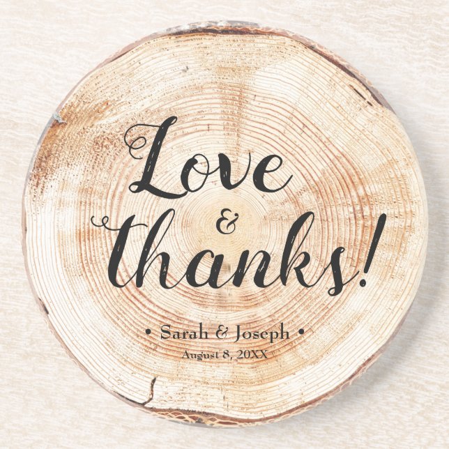 Wood Grain Rustic Wedding Love and Thanks Favor Coaster (Front)