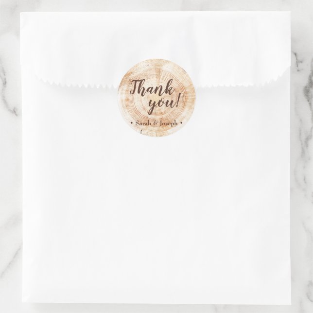 Wood Grain Rustic Wedding Thank You Classic Round Sticker (Bag)