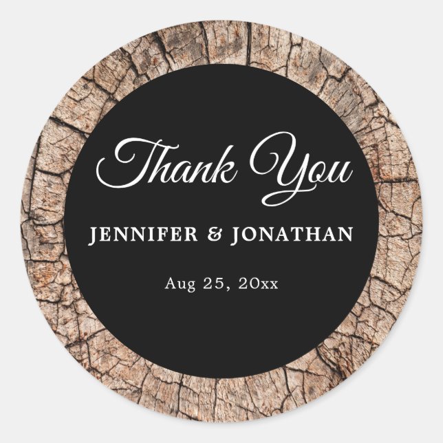 Wood Grain Rustic Wedding Thank You Classic Round Sticker (Front)