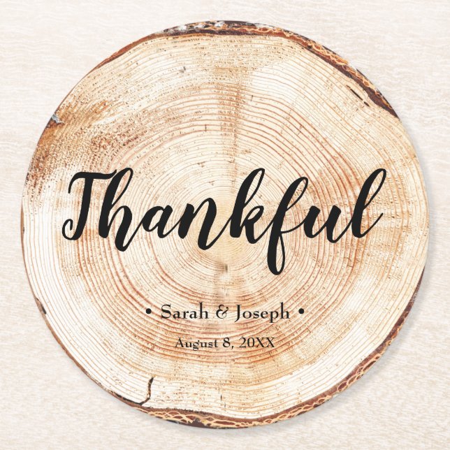 Wood Grain Rustic Wedding Thankful Favour Coaster (Front)