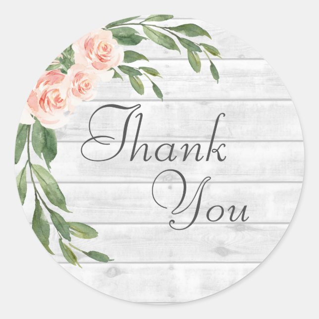 Wood Grain Rustic White Script Thank You Sticker (Front)