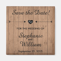 Wood Grain Save the date magnet. Heart and Arrows.