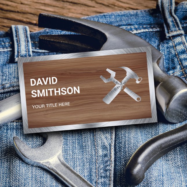 Wood Grain Steel Handyman Auto Repair Mechanic Business Card (Creator Uploaded)