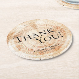 Wood Grain Thank You Rustic Wedding Favour Round Paper Coaster