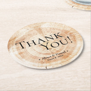 Wood Grain Thank You Rustic Wedding Favour Round Paper Coaster