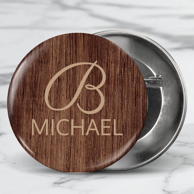 Wood Grain Timber With Monogram Personalised Name 6 Cm Round Badge (Creator Uploaded)