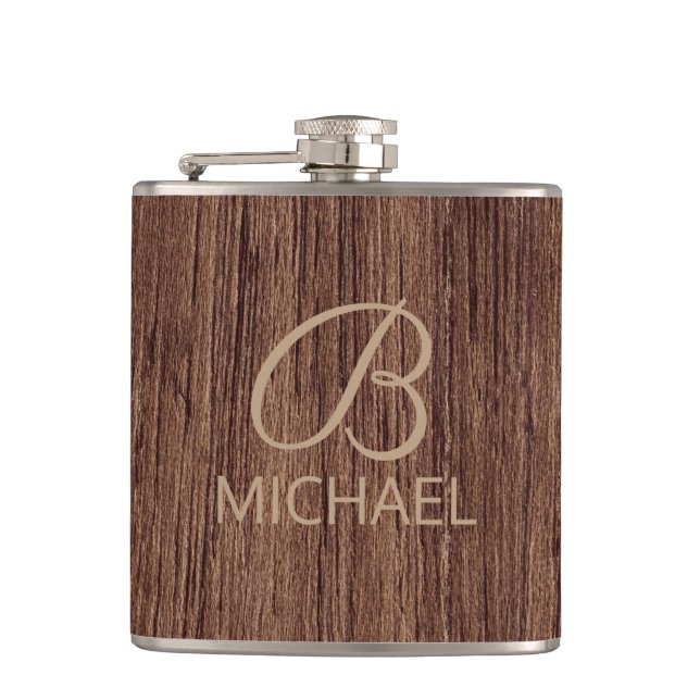 Wood Grain Timber With Monogram Personalised Name Hip Flask (Front)