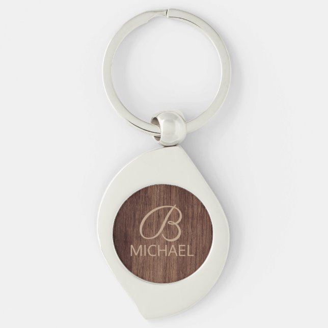Wood Grain Timber With Monogram Personalised Name Key Ring (Front)