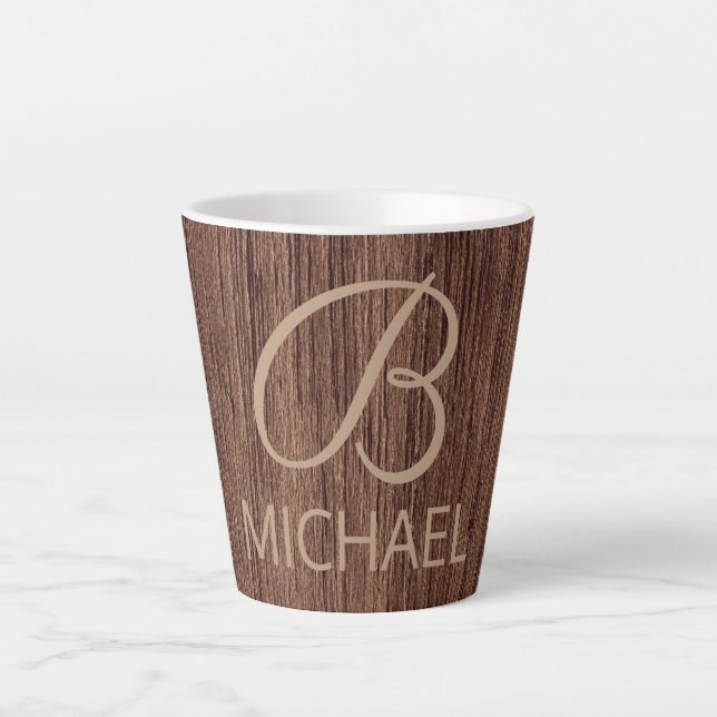 Wood Grain Timber With Monogram Personalised Name Latte Mug (Front)