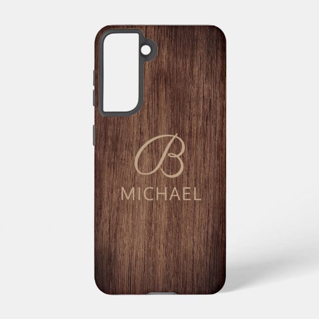 Wood Grain Timber With Monogram Personalised Name Samsung Galaxy S21 Case (Back)