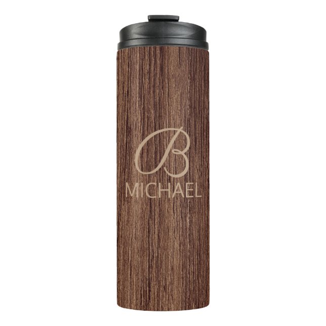 Wood Grain Timber With Monogram Personalised Name Thermal Tumbler (Front)