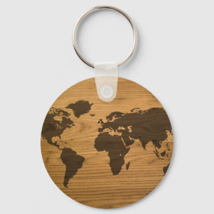 Wood Grain World Map Key Ring