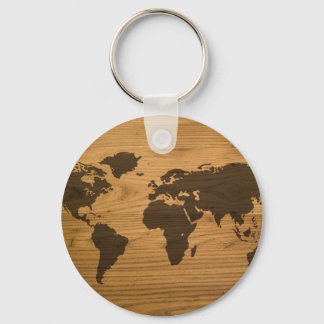 Wood Grain World Map Key Ring