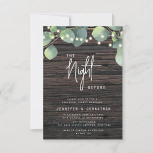 Wood Greenery Lights Rehearsal Dinner Invitation