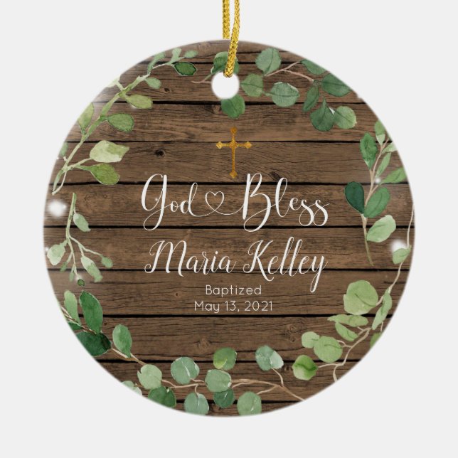 Wood Greenery Personalised Boy Or Girl Baptism Ceramic Ornament (Front)