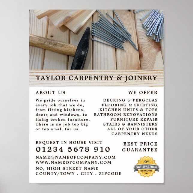 Wood, Hammer & Nails, Carpentry, Carpenter Advert Poster (Front)