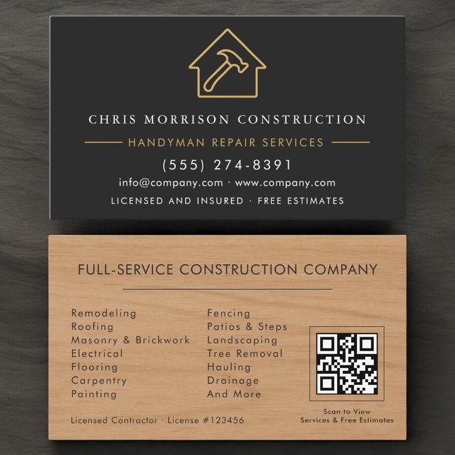 Wood Handyman Construction Black Gold QR Code Business Card (Creator Uploaded)