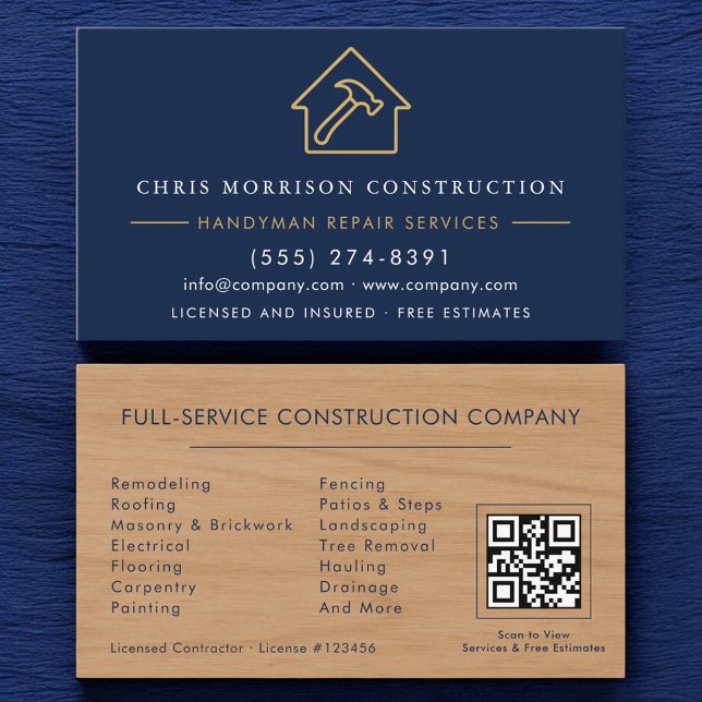 Wood Handyman Construction Navy Blue Gold QR Code Business Card (Creator Uploaded)