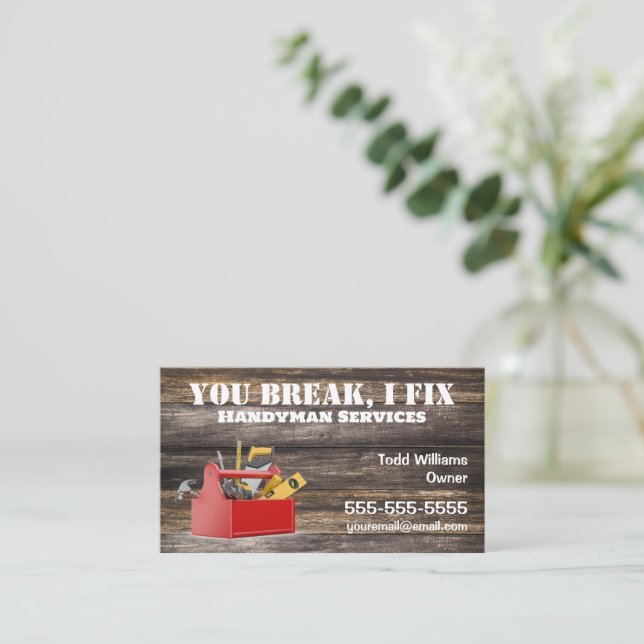 Wood Handyman Toolbox Business Card (Standing Front)
