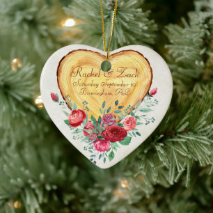 Wood heart and roses Country Love Ceramic Ornament