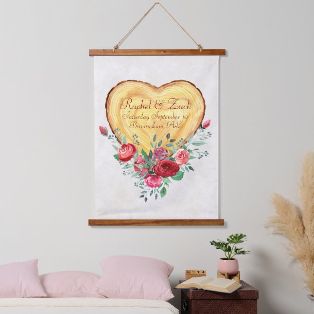 Wood heart and roses Country Love   Hanging Tapestry (Bedroom)