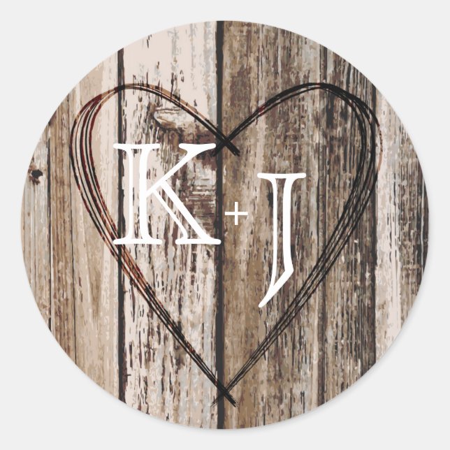 Wood Heart Etching Rustic Monogram Wedding Label (Front)