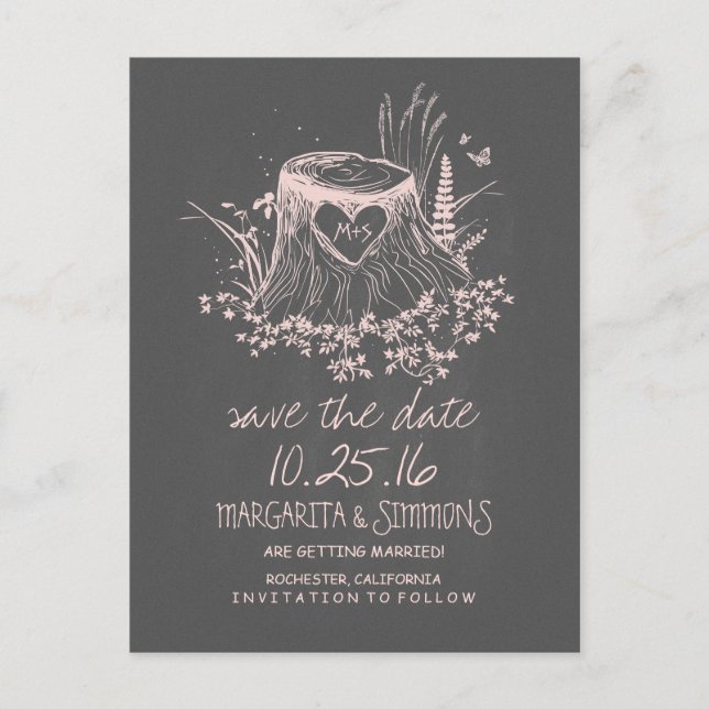wood heart stump rustic country save the date announcement postcard (Front)