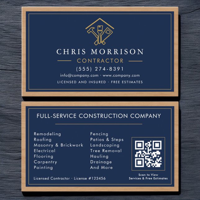 Wood Home Improvement Contractor Navy Blue Gold Business Card (Creator Uploaded)