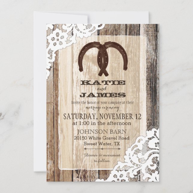 Wood Horseshoe Lace Rustic Wedding Invitation (Front)