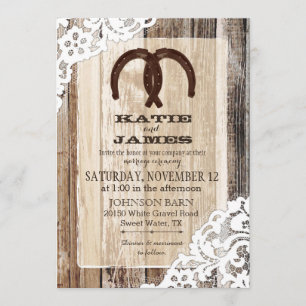 Wood Horseshoe Lace Rustic Wedding Invitation