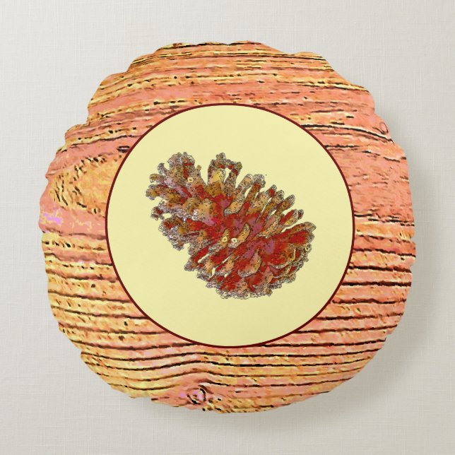 wood imitation and pinecone round cushion (Front)