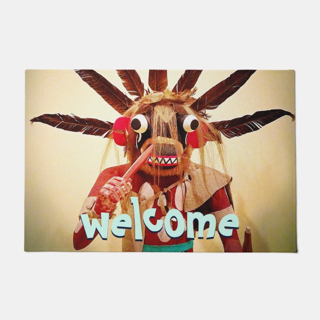 Wood Kachina Doll Funny Face Welcome Typography Doormat (Front)