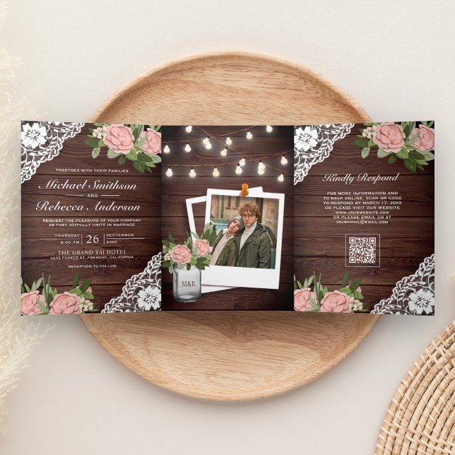 Wood Lace Dusty Rose String Lights QR Code Wedding Tri-Fold Invitation (Creator Uploaded)