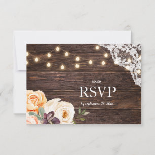 Wood Lace & Lights & Blush Peach Floral w/ Meal RSVP Card