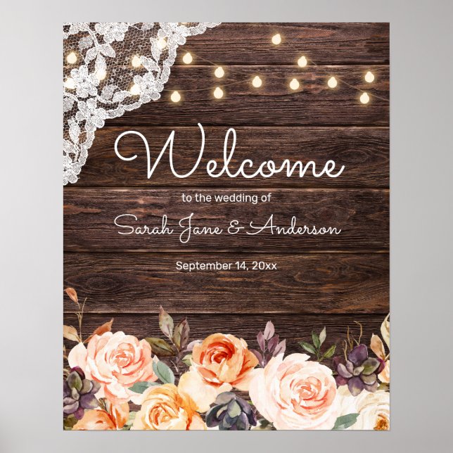 Wood Lace, Lights, Blush & Peach Floral Welcome Poster (Front)