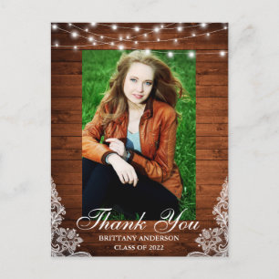 Wood Lace Lights Photo Graduation Thank You Postcard
