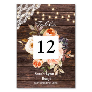 Wood Lace, String Lights, Blush & Peach Floral 2 Table Number