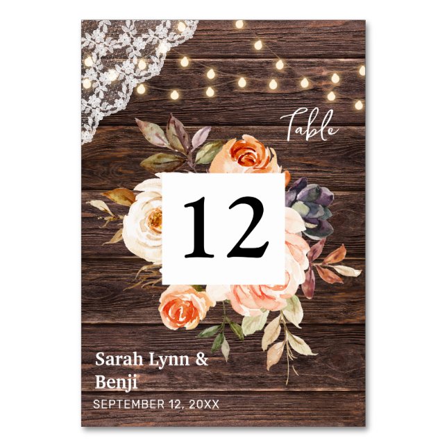 Wood Lace, String Lights, Blush & Peach Floral 3 Table Number (Front)