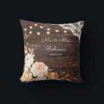 Wood Lace, String Lights, Blush & Peach Floral Cushion<br><div class="desc">Make your wedding memories part of your home decor with this floral blush pink & peach,  wood,  lace,  and string lights wedding monogram custom throw pillow.</div>
