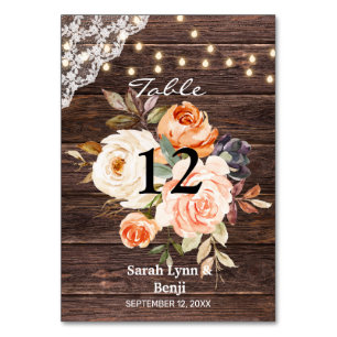 Wood Lace, String Lights, Blush & Peach Floral Table Number