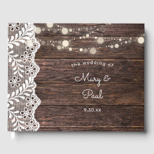 Wood Lace & String Lights Guest Book