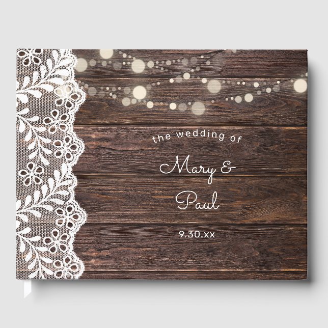 Wood Lace & String Lights Guest Book (Front)