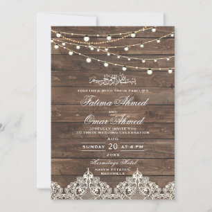 Wood Lace String Lights Islamic Muslim Wedding Invitation