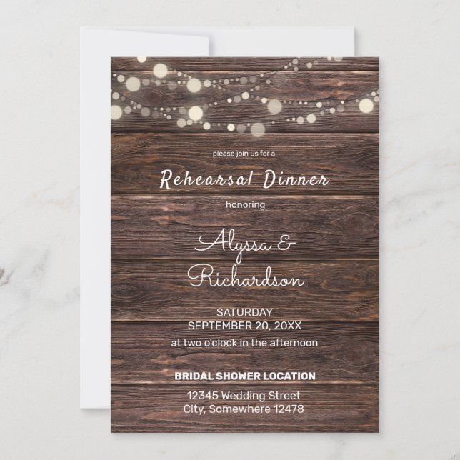 Wood Lace & String Lights Rehearsal Dinner Invitation (Front)