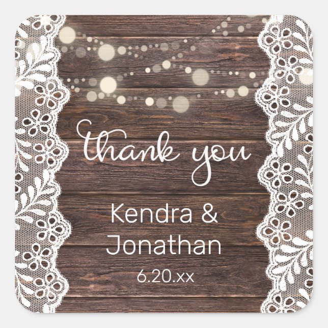 Wood Lace & String Lights Thank You Square Sticker (Front)