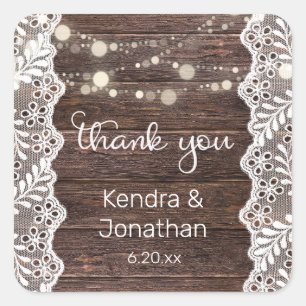 Wood Lace & String Lights Thank You Square Sticker