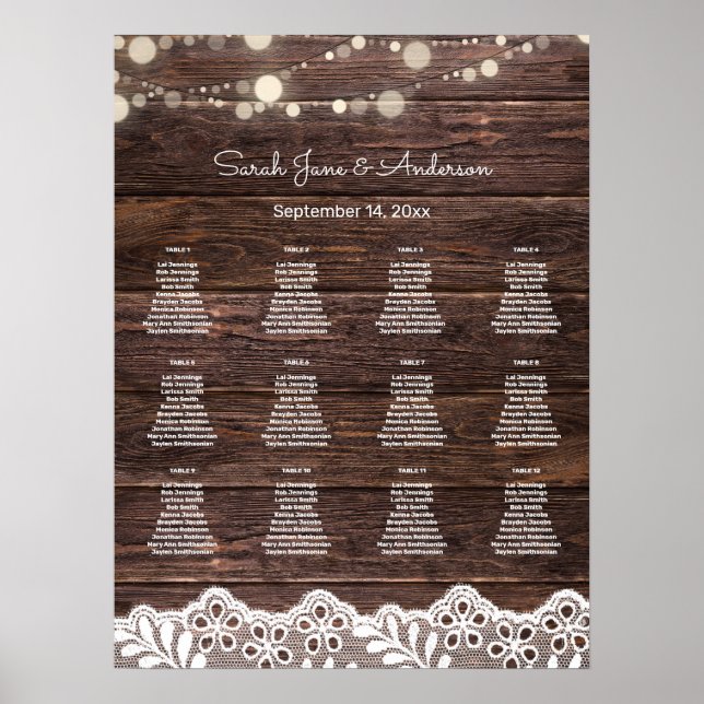 Wood, Lace, String Lights Wedding Seating Chart (Front)