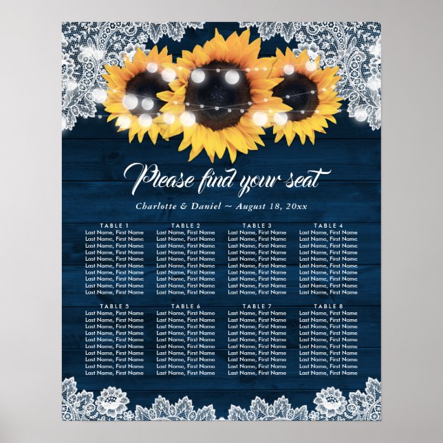 Wood Lace Sunflower Navy Blue  Seating Chart (Front)