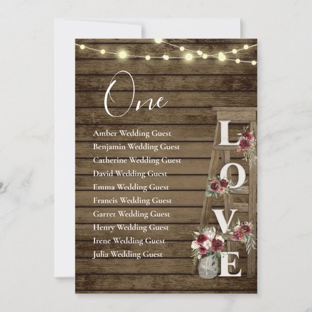 Wood Ladder Burgundy Floral Table One Seating Card (Front)